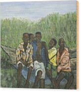 Boys Sitting On The Boat Uganda Wood Print