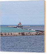 Breakwater And Lighthouse In Oswego New York Wood Print