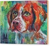 Brittany Spaniel Watercolor Portrait By Wood Print
