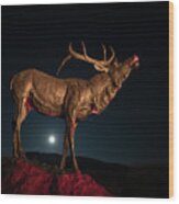 Bronze Elk With Rising Moon Wood Print