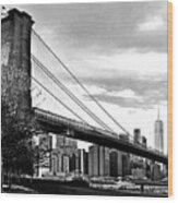 Brooklyn Bridge At Dusk In Black And White Wood Print