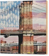 Brooklyn Bridge With Stars And Stripes Wood Print