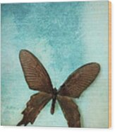 Brown Butterfly Over Blue Textured Background Wood Print