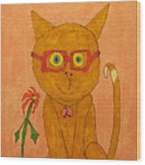 Brown Cat With Glasses Wood Print