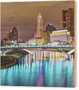 Buckeye Skyline - Columbus At Night On The Water Wood Print