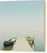 Calm Lake With Two Fishing Boats Wood Print