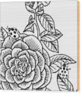 Camellia And Ladybugs Drawing Wood Print