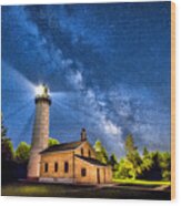 Cana Island Lighthouse Milky Way In Door County Wisconsin Wood Print
