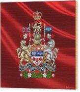 Canada Coat Of Arms Over Red Silk Wood Print