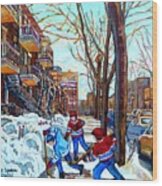 Canadian Art Street Hockey Game Verdun Montreal Memories Winter City Scene Paintings Carole Spandau Wood Print