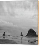 Cannon Beach In Black And White Wood Print