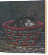 Cat In A Basket Wood Print