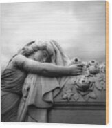 Cemetery Grave Mourner Black White Surreal Coffin Grave Art - Angel Mourner Across Rose Coffin Wood Print