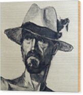 Charcoal Portrait Of A Man Wearing A Summer Hat Wood Print