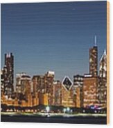 Chicago Downtown Skyline At Night Wood Print