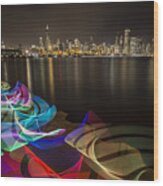 Chicago Skyline With Pixel Stick Painting Wood Print