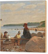 Children And Their Mothers On Lundeborg Beach. Denmark Wood Print