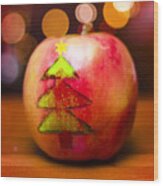 Christmas Tree Painted On Apple Decoration Wood Print