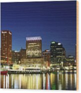 City Lights Reflected In Baltimore Inner Harbor At Twilight Wood Print