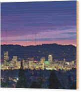 City Of Portland Oregon Skyline At Twilight Wood Print