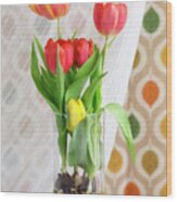 Colorful Tulips And Bulbs In Glass Vase Wood Print