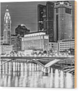 Columbus Skyline At Night Black And White Panorama - Ohio City Photography Wood Print
