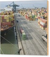 Container Ship And Port Wood Print