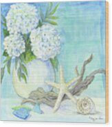 Cottage At The Shore 1 White Hydrangea Bouquet W Driftwood Starfish Sea Glass And Seashell Wood Print