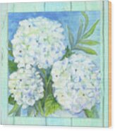 Cottage At The Shore 5 White Hydrangea Floral Over Wood Wood Print
