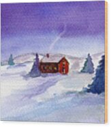 Cottage In Winter Wood Print