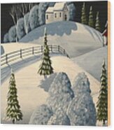 Country Winter Night - Folk Art Landscape Wood Print