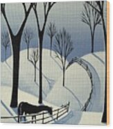 Country Winter Road - Horse Snow Folk Art Wood Print