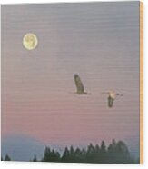 Cranes And A Full Moon At Dawn Wood Print