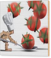 Cute Chef Box Character Catching Tomatoes Wood Print