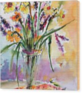 Daffodils And Lavender Spring Still Life Wood Print