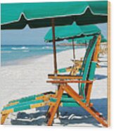 Destin Florida Beach Chairs And Green Umbrella Vertical Wood Print