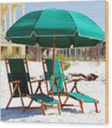 Destin Florida Empty Beach Chair Pair And Green Umbrella Square Format Wood Print