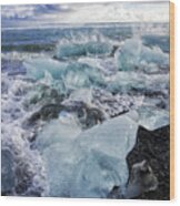Diamond Beach Blue Ice In Iceland Wood Print