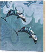 Psychedelic Dolphins Surfing In The Waves Wood Print