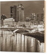 Downtown Columbus Ohio Night Skyline - Sepia Cityscape Wood Print