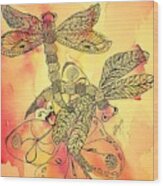 Dragonflies And Butterfly Peach Square Wood Print