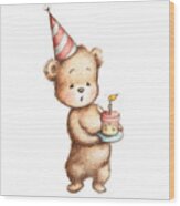 Drawing Of Teddy Bear With Birthday Cake Wood Print