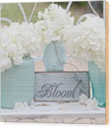 White Hydrangeas Cottage Decor- Shabby Chic White Hydrangeas In Aqua Blue Teal Mason Ball Jars Wood Print