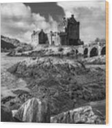 Eilean Donan Castle In Black And White Wood Print