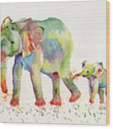 Elephant Family Watercolor Wood Print