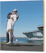 Embracing Peace Sculpture And Uss Midway Aircraft Carrier Wood Print