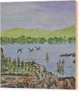 Enjoying The Lake From The Rocky Shore Wood Print