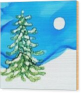 Evergreen Tree In Winter Wood Print