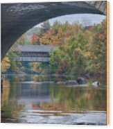 Fall Colors Over Henniker Covered Bridge Wood Print