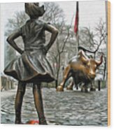Fearless Girl And Wall Street Bull Statues 5 Wood Print